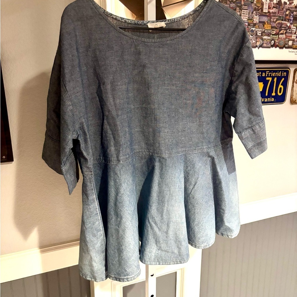 AG Adriano Goldschmied Chambray Ombre Denim Peplum Top Size Large - Picture 2 of 5